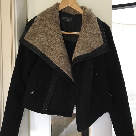 🌹VINCE🌹Black Moto jacket brown faux fur collar🌟 - Picture 2 of 4